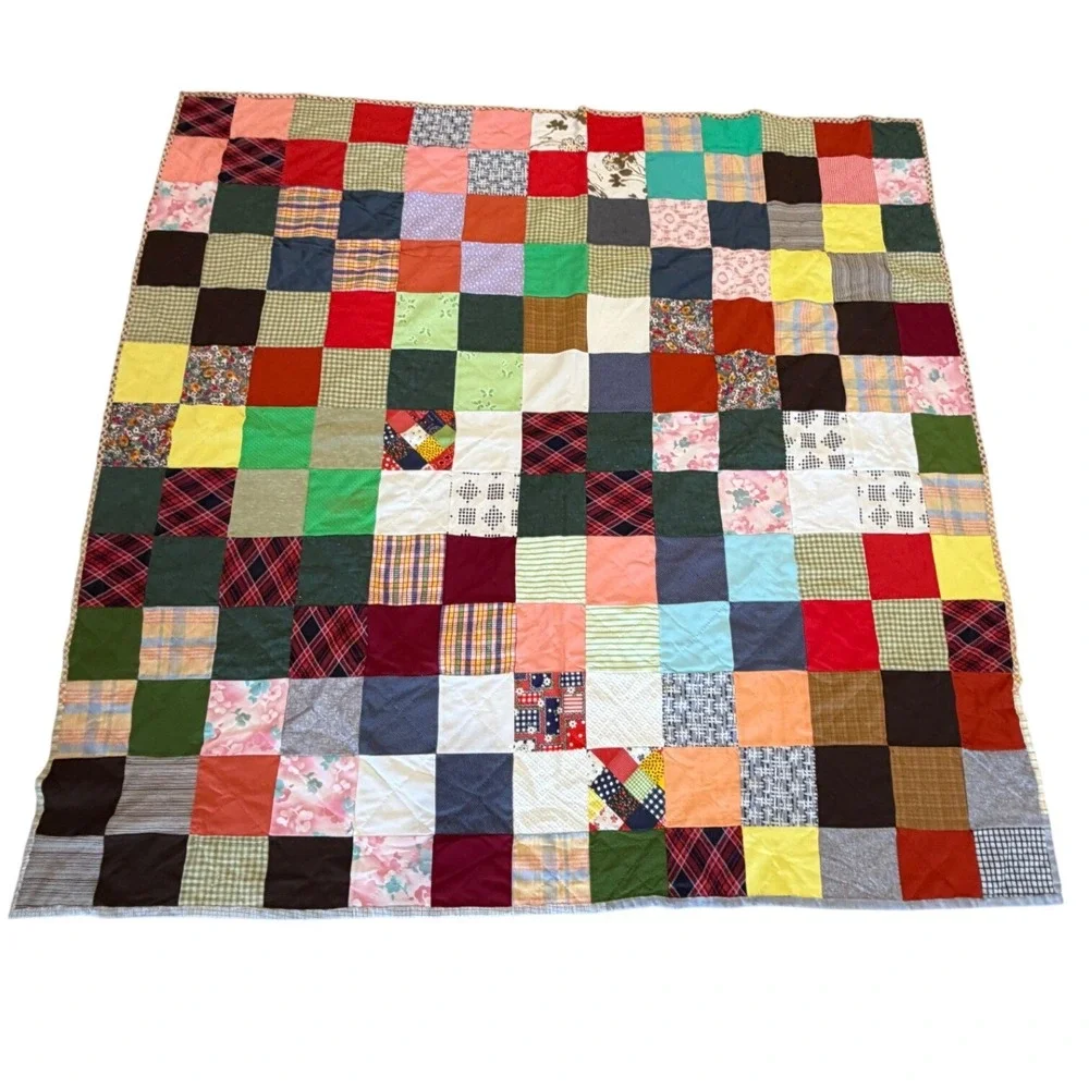 Vintage Handmade Patchwork Quilt Multi Color Plaid Floral Gingham APPROX 78x81